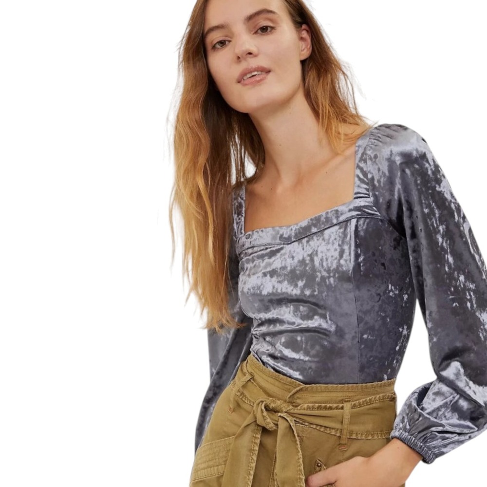 Anthropologie Silvery Blue Velvet Square Neck Romantic Renaissance Top XS